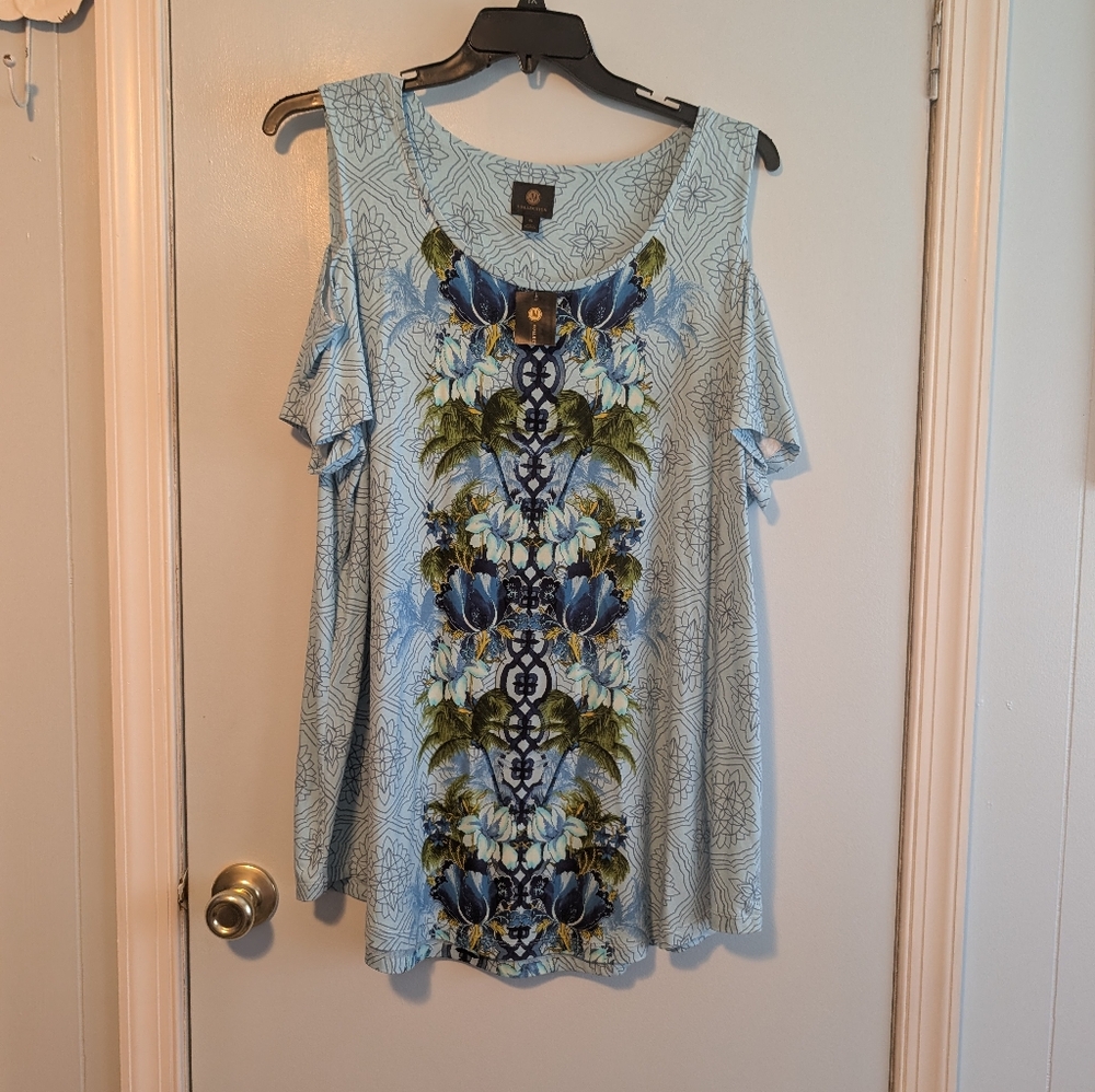 JM Collection New Floral Cold Shoulder Top